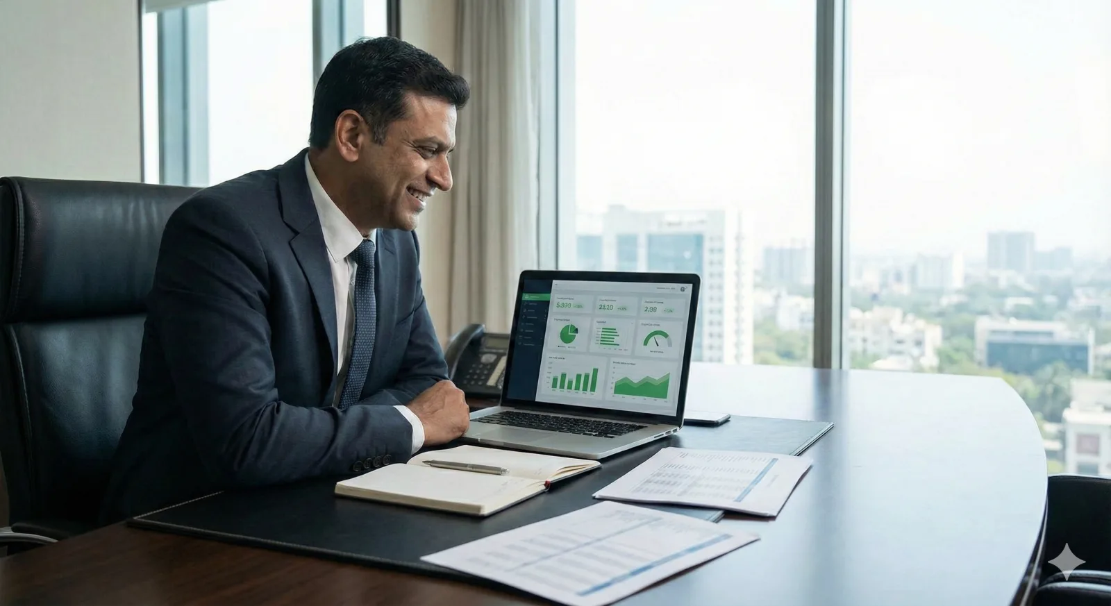 Hotel manager reviewing guest satisfaction with SuperHospitality